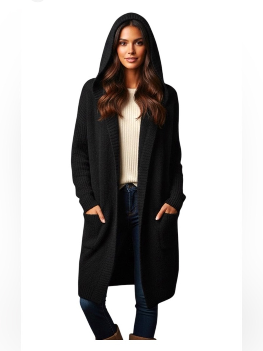 Barefoot Dreams CozyChic Lite Hooded Open Front Cardigan • Black • Sz XL • EUC - Picture 2 of 15